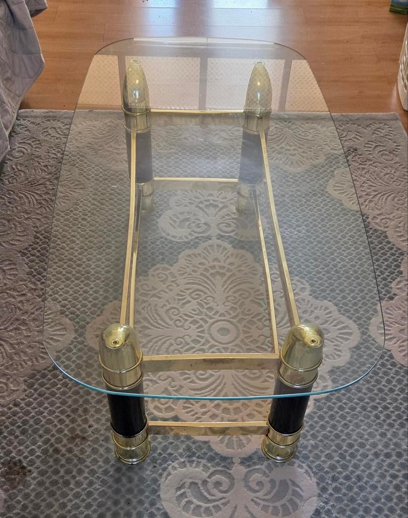 Elegante glazen salontafel met messing accenten ZGAN, Huis en Inrichting, Tafels | Salontafels, Gebruikt, 100 tot 150 cm, 50 tot 100 cm