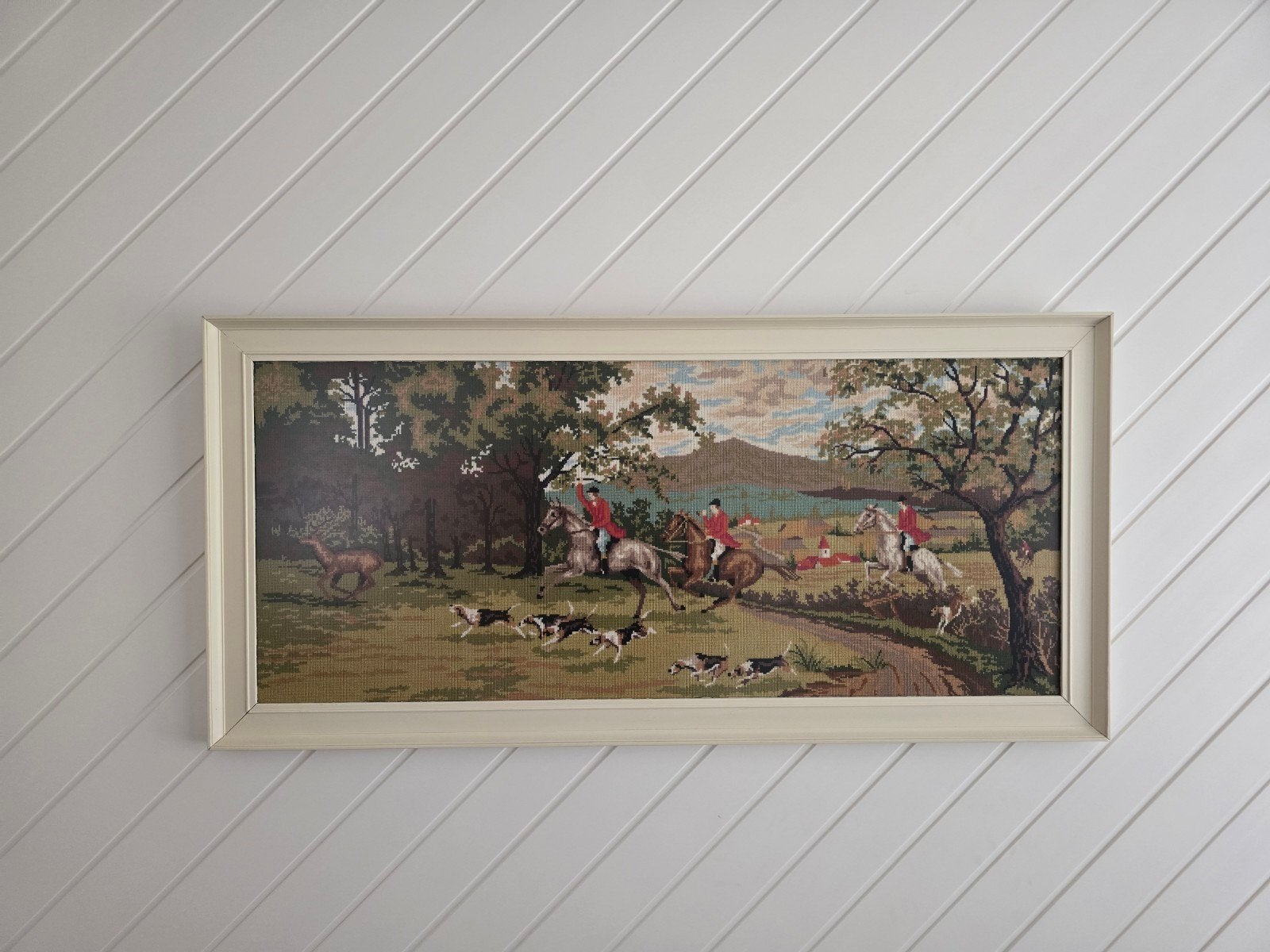 Vintage borduur  jachtscène, ingelijst, Antiek en Kunst, Ophalen