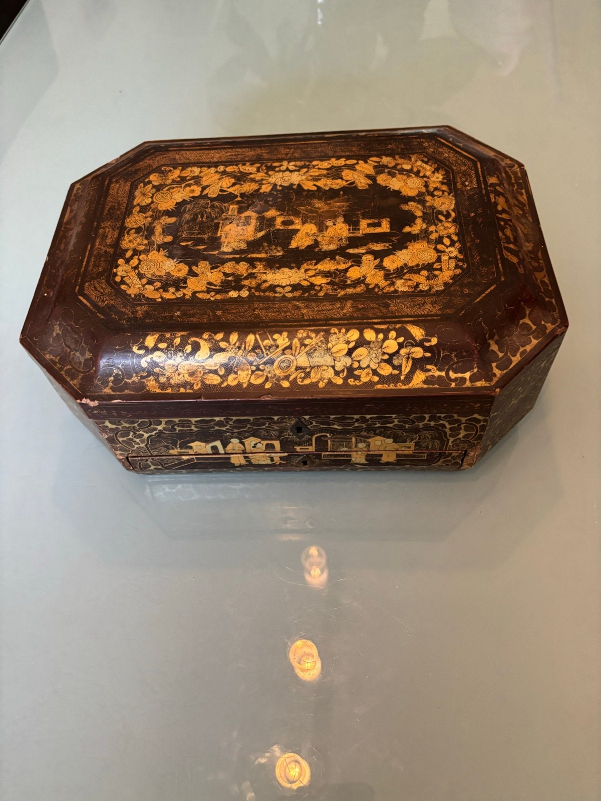 Antieke Chinese Lakdoos met Lade - Rijkelijk Gedecoreerd, Antiek en Kunst, Ophalen of Verzenden