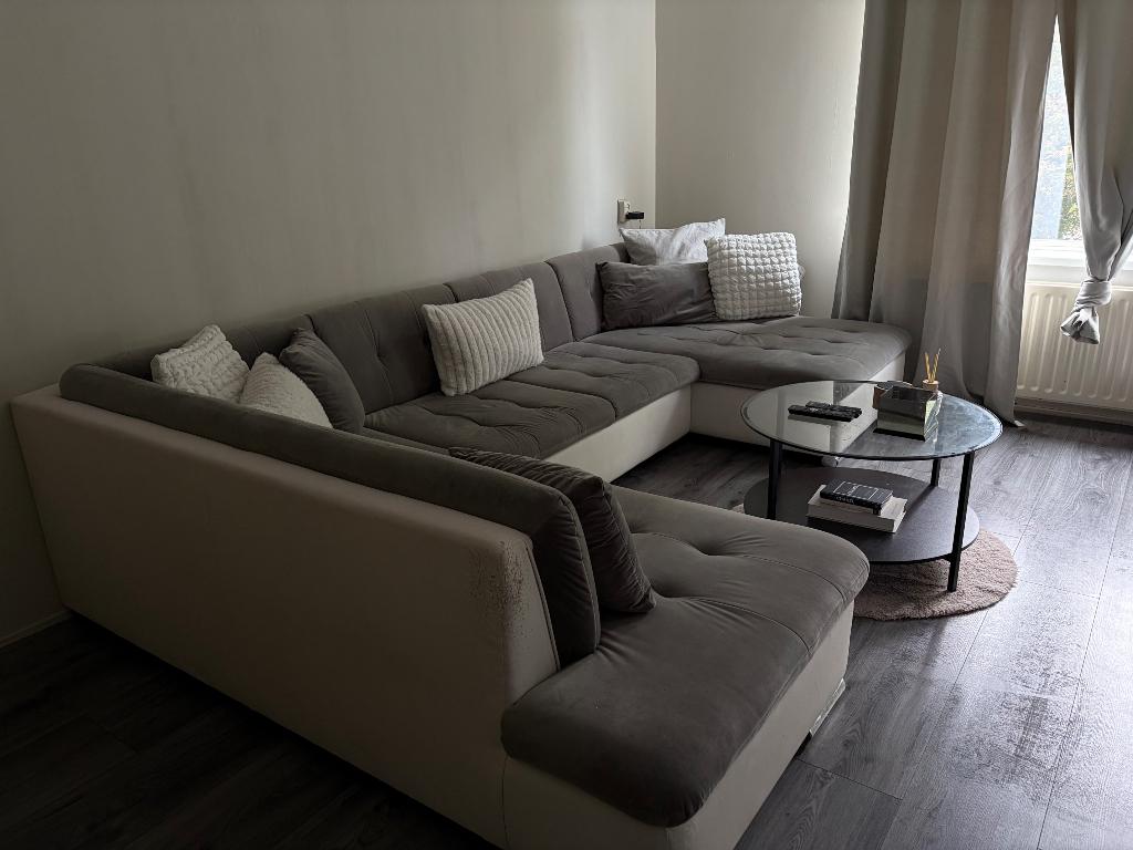 U-bank wit kunstleer met grijze bekleding - GRATIS, Ophalen, Stof, Gebruikt, Minder dan 75 cm