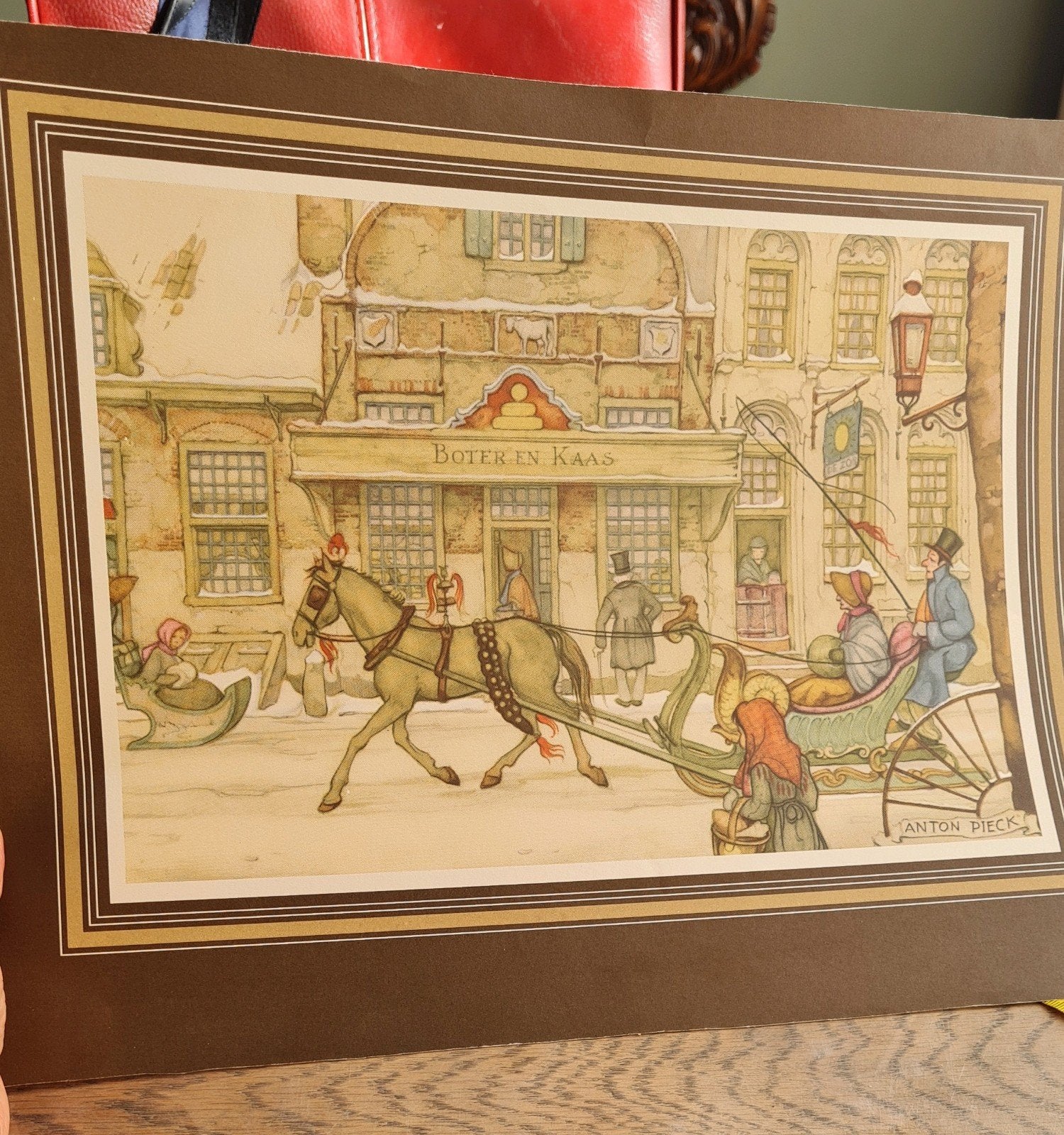 Anton Pieck print - Wintertafereel met paard en wagen, Antiek en Kunst, Ophalen, Print