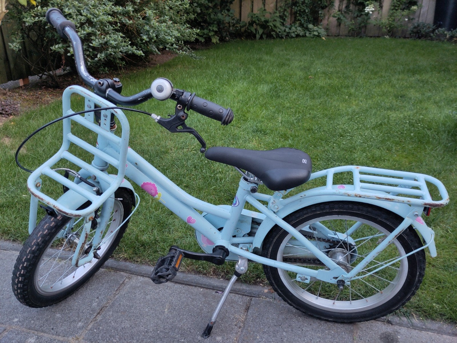 Meisjesfiets 16 inch, lichtblauw met voordrager, Ophalen, Terugtraprem, Gebruikt, Handrem