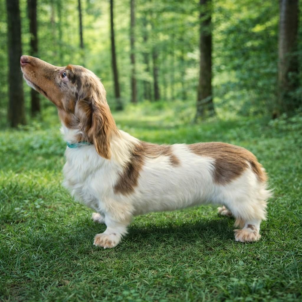 Ter dekking dwerg teckel Chocotijger Piebalt langhaar, Reu, 1 tot 2 jaar, Parvo, Eén hond