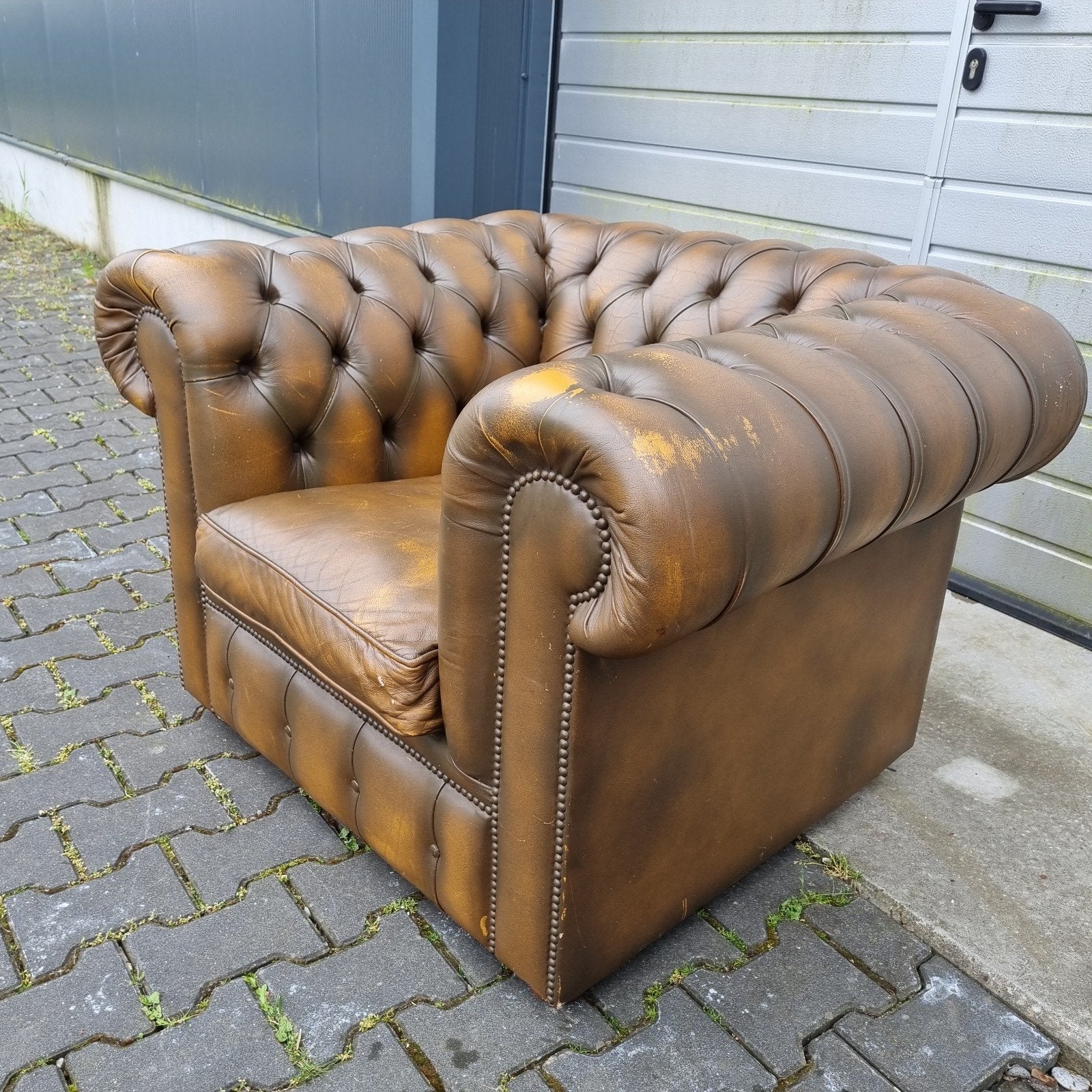 Chesterfield club fauteuil bruin gevlamd leer + BEZORGING, Gebruikt, ., Chesterfield, Ophalen of Verzenden