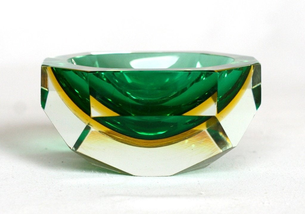 Murano sommerso Groen / Geel Rechthoekig Diamant Bakje, Verzamelen, Retro, Ophalen of Verzenden, Huis en Inrichting