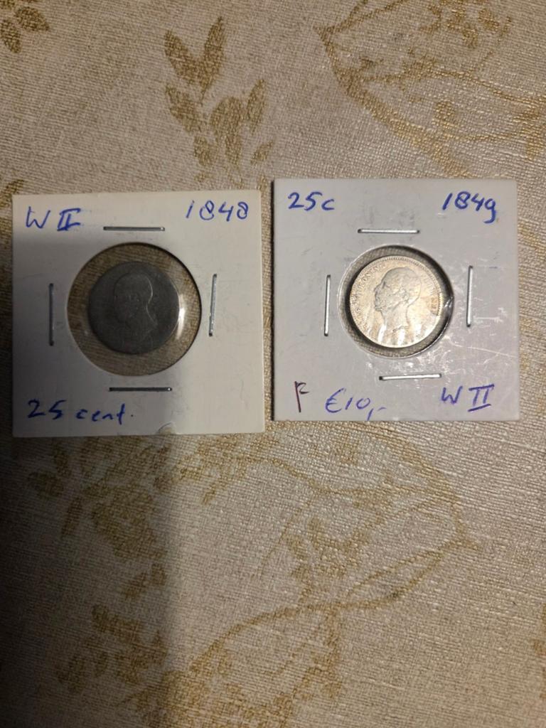 Zilveren 25 cent munten Willem II (1848 & 1849), Postzegels en Munten, Munten | Nederland, Ophalen of Verzenden, Koning Willem II