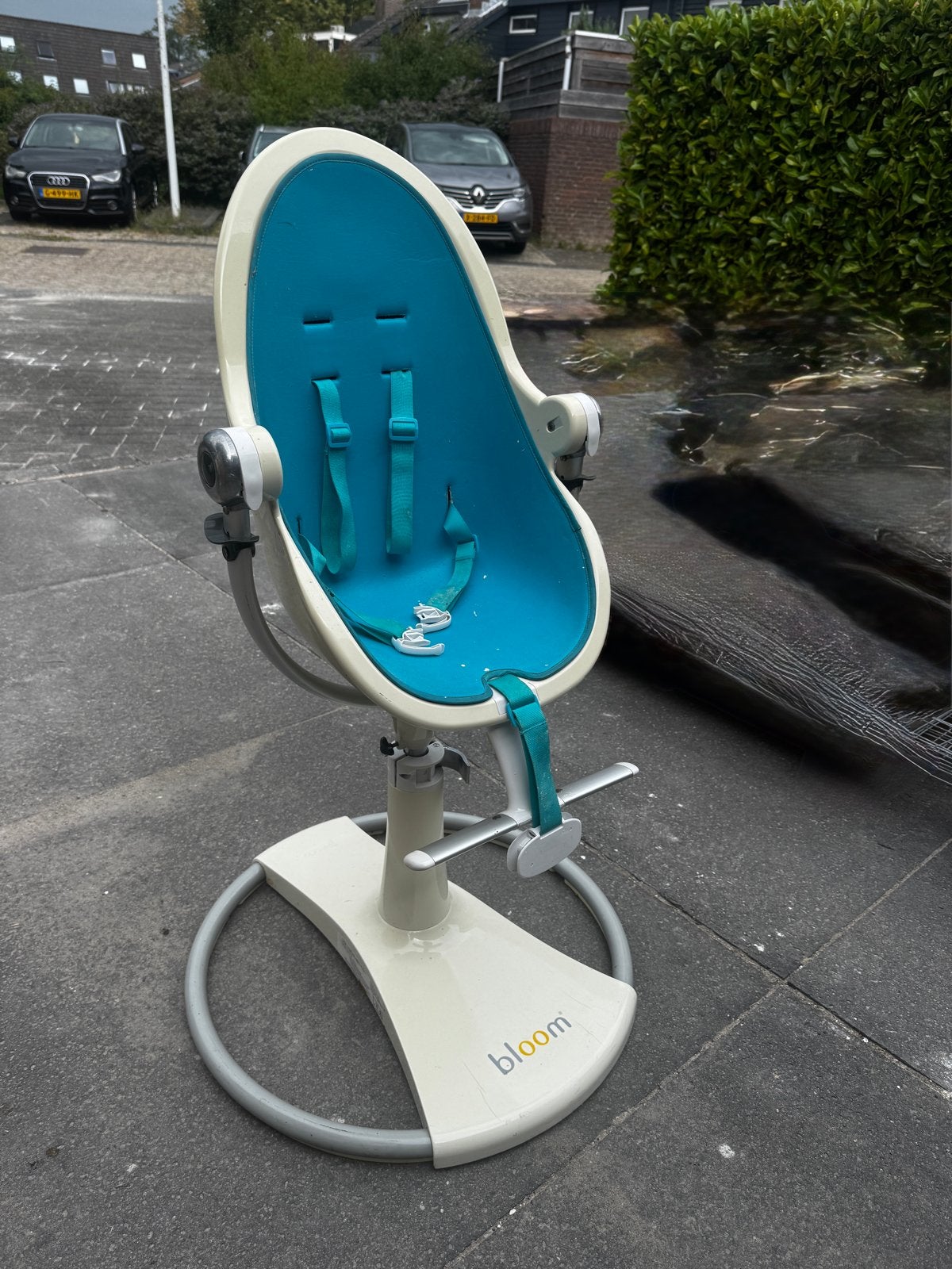 Bloom Fresco kinderstoel met turquoise zitting, Ophalen, Gebruikt, Overige typen, Gordel(s)