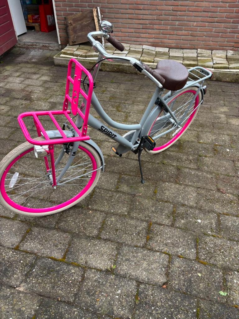 Spirit tieners fiets grijs/roze met voordrager, Overige merken, Terugtraprem, Gebruikt, Ophalen of Verzenden