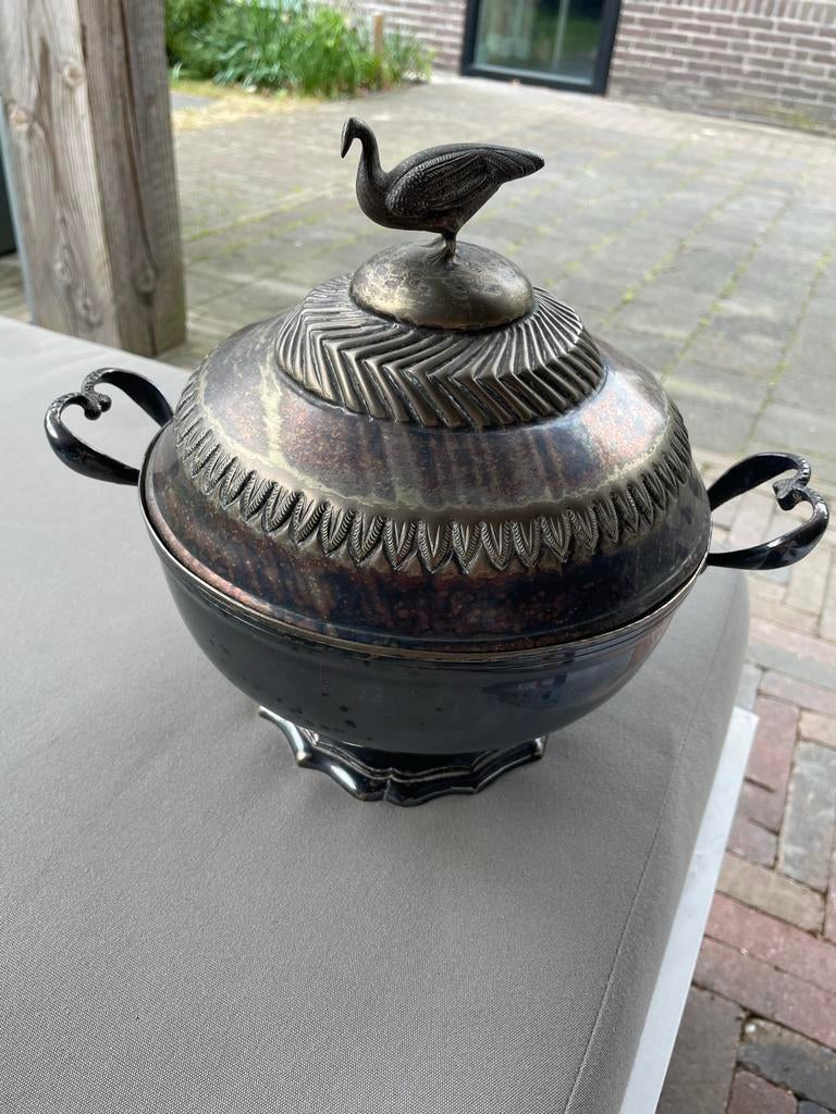 Antieke Zilveren Soepterrine met Deksel en Handvatten, Ophalen of Verzenden, Zilver