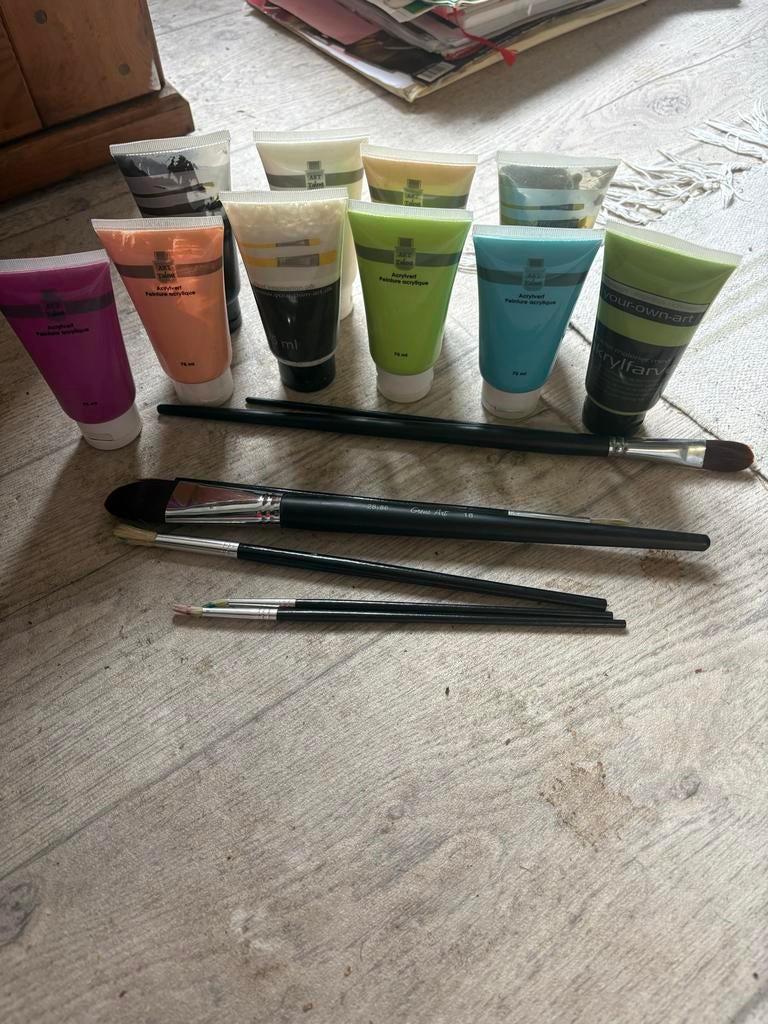 Acrylverf set met penselen - Diverse kleuren, Ophalen of Verzenden, Gebruikt, Acrylverf