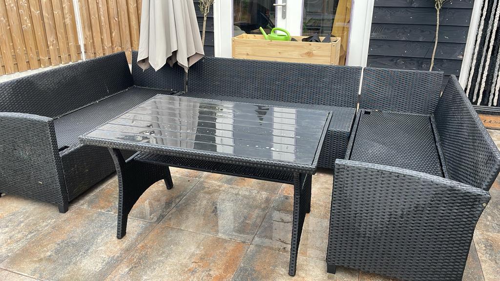 Zwarte Wicker Loungeset U-vorm met Tafel, Tuin en Terras, Tuinsets en Loungesets, Ophalen, Gebruikt, Meer dan 8 zitplaatsen, Loungeset