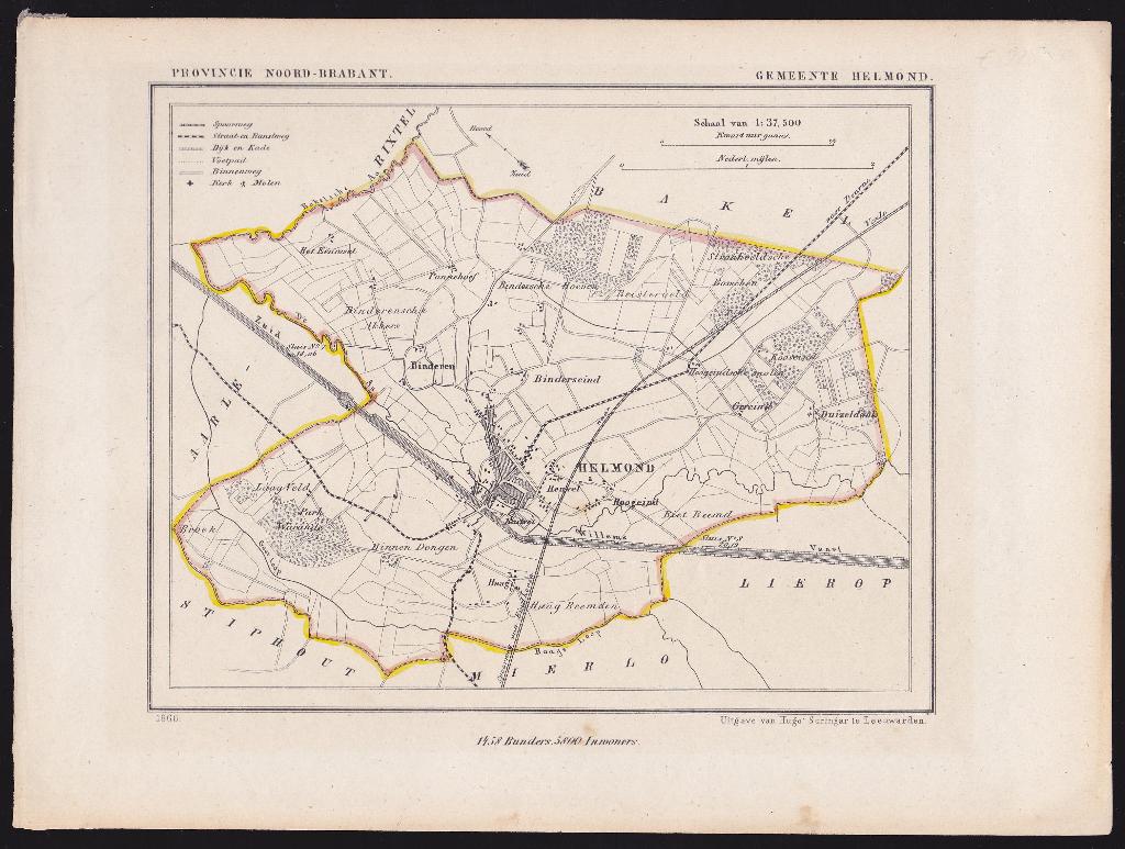 origineel, net Kuyperkaartje van de gemeente Helmond, 1866, Gelezen, Ophalen of Verzenden, Landkaart, Jacob Kuyper