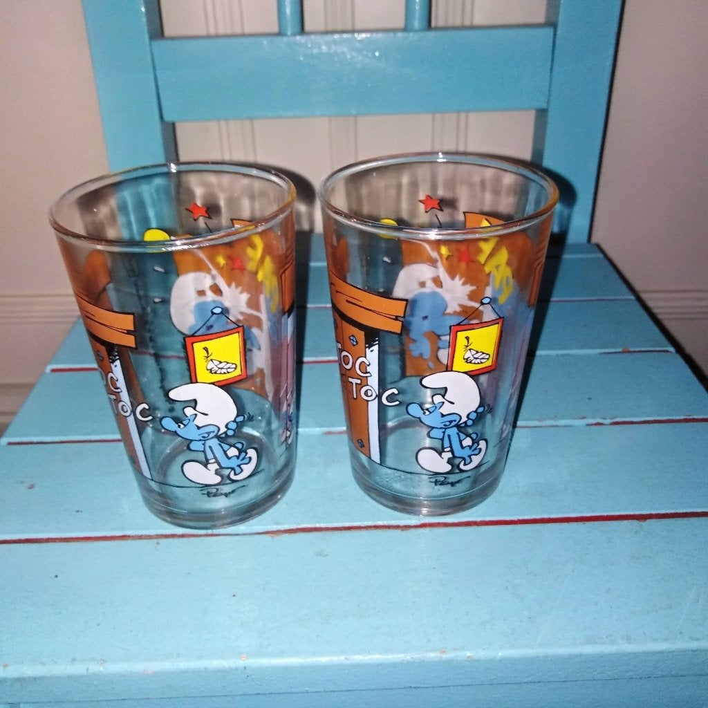 Smurfen-drinkglazen uit 1994 2 stuks, Ophalen, Glas of Glazen, Gebruikt, Glas