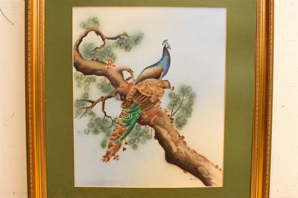 Prent / schilderij van 2 vogels op een tak 50856, Ophalen of Verzenden, Gebruikt, Schilderij