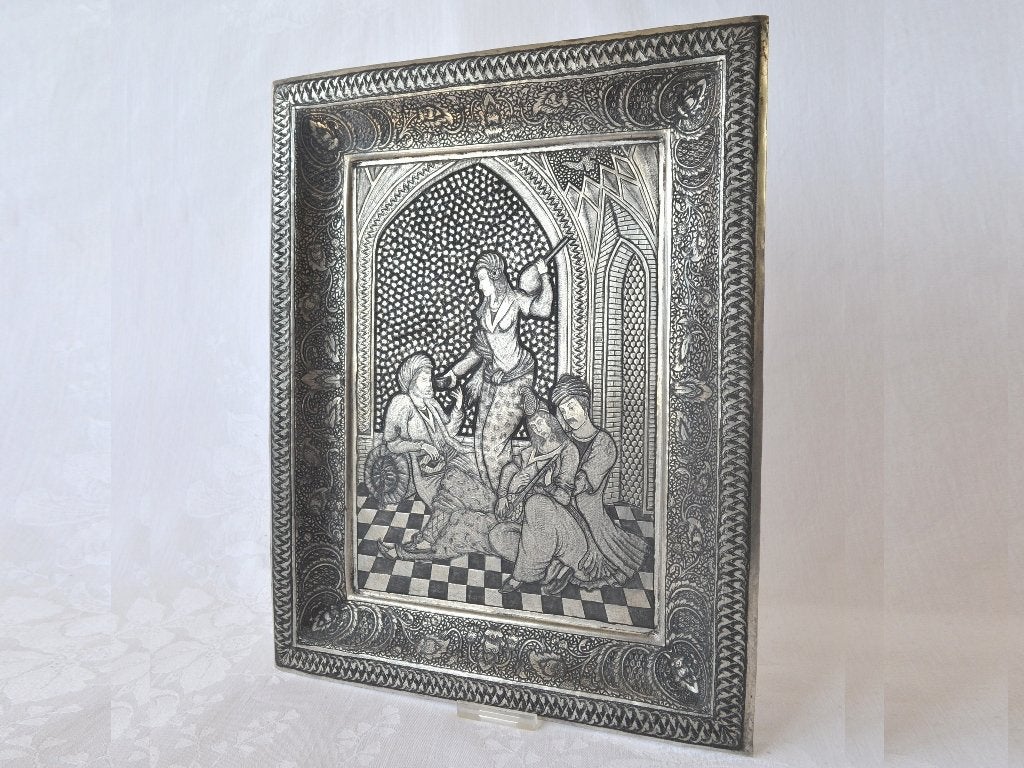 Indiase geëtste metalen drukplaat / metaal gravure, Dienblad, Dagelijks leven, 30 cm, 1950 - 1999, Ophalen of Verzenden