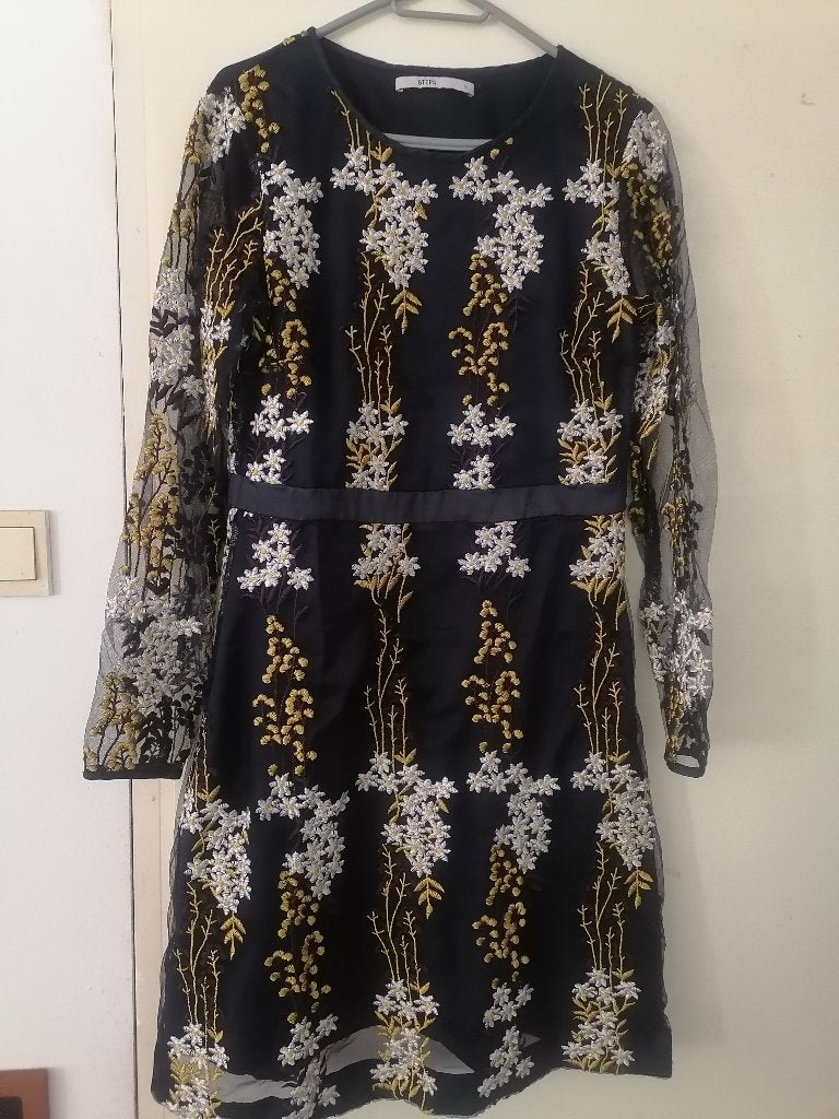 STEPS NAVY JURK MET BORDUURBLOEMEN-M-ALS NIEUW, Maat 38/40 (M), Zo goed als nieuw, Knielengte, Steps
