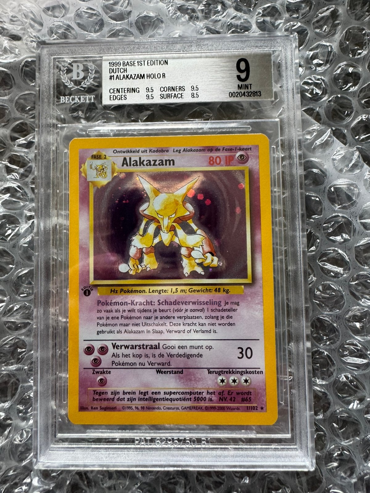 BGS 9 1st edition alakazam base set dutch, Ophalen, Nieuw, Losse kaart, Foil
