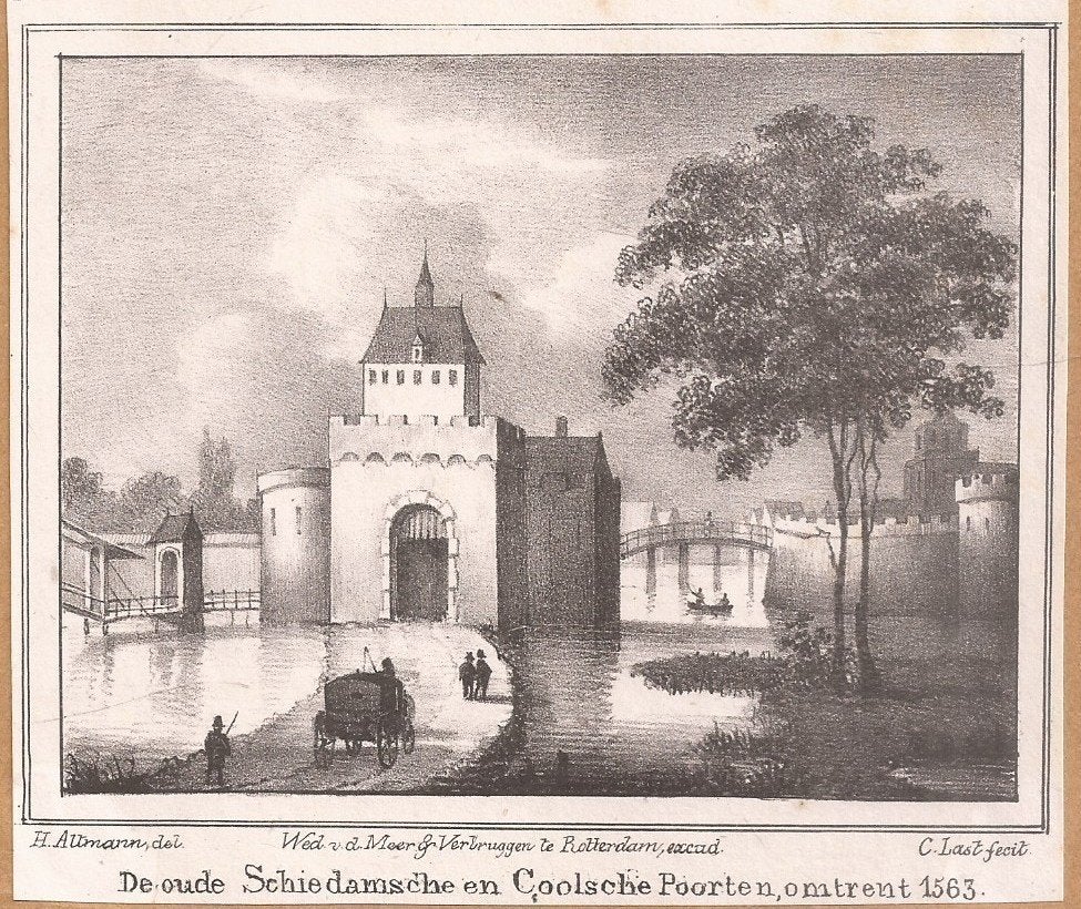 Rotterdam OUDE GOUDSCHE POORT en Schiedamsche Coolsche Poort, 1800 - 1899, Stadsgezicht, Ophalen of Verzenden, Blanco verso