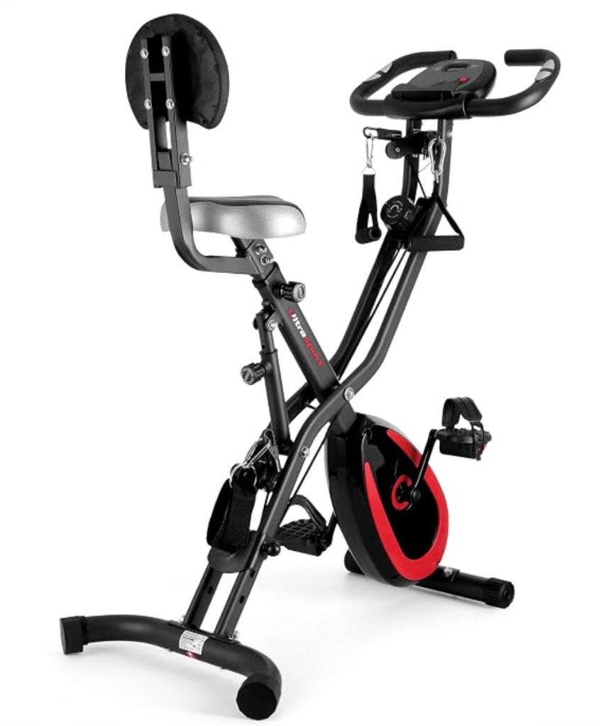 Home exercise bike with back support + resistance bands