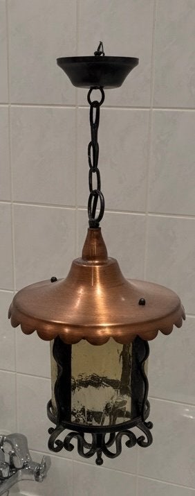 Koperen hanglamp met glas en smeedijzeren details, Ophalen, Gebruikt, Metaal, E27 (groot)