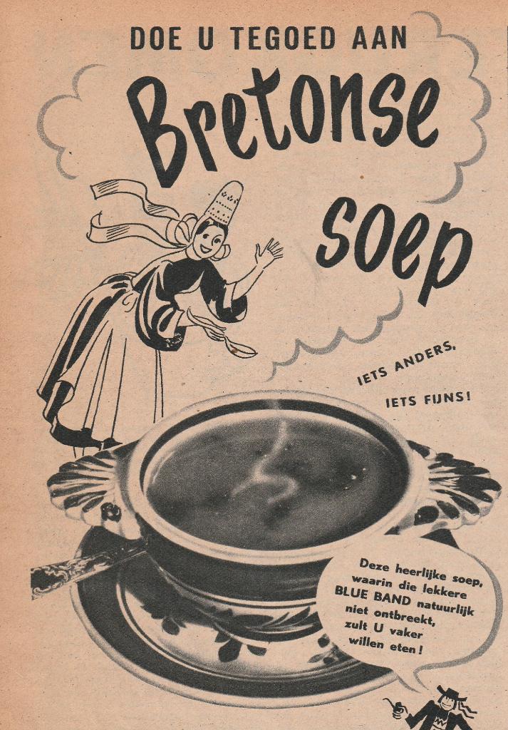 Retro reclame 1950 Blue Band Bretonse soep Boerenbont kom, Verzenden, Overige typen
