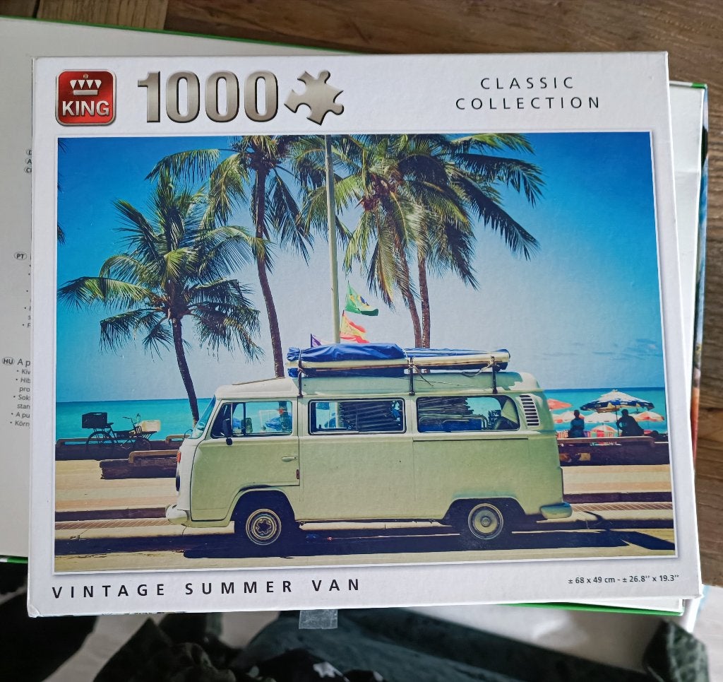 king puzzel ( vw volkswagen ) vintage summer van t2 groen, Ophalen of Verzenden, 500 t/m 1500 stukjes, Gebruikt, Legpuzzel