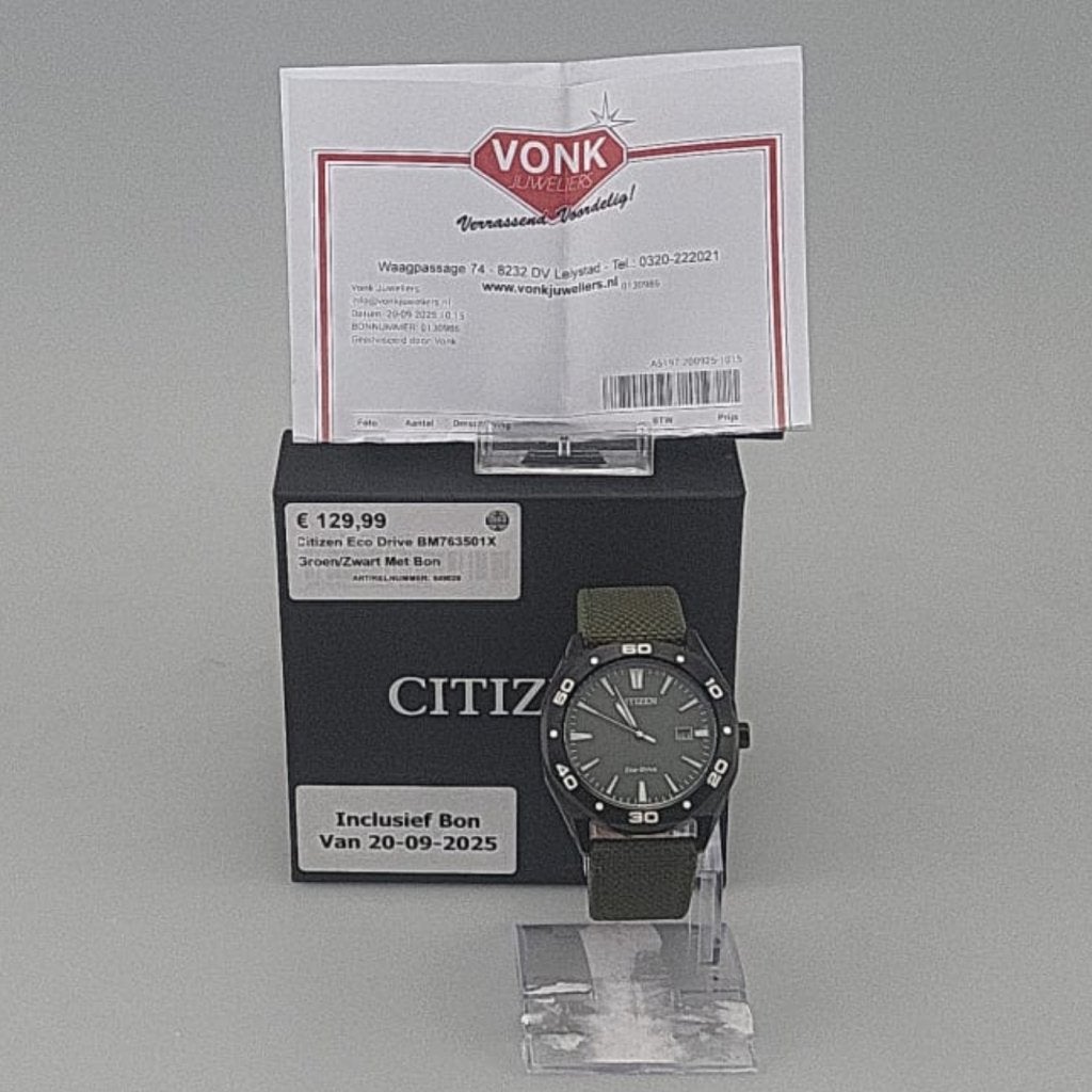 Citizen Eco Drive BM763501X Groen/Zwart Met Bon, Citizen, Gebruikt, Support@citizen.com, Citizen Watch Co., Ltd. 1-12-32 Takeda, Fushimi-ku, 
Kyoto 612-8501
Japan