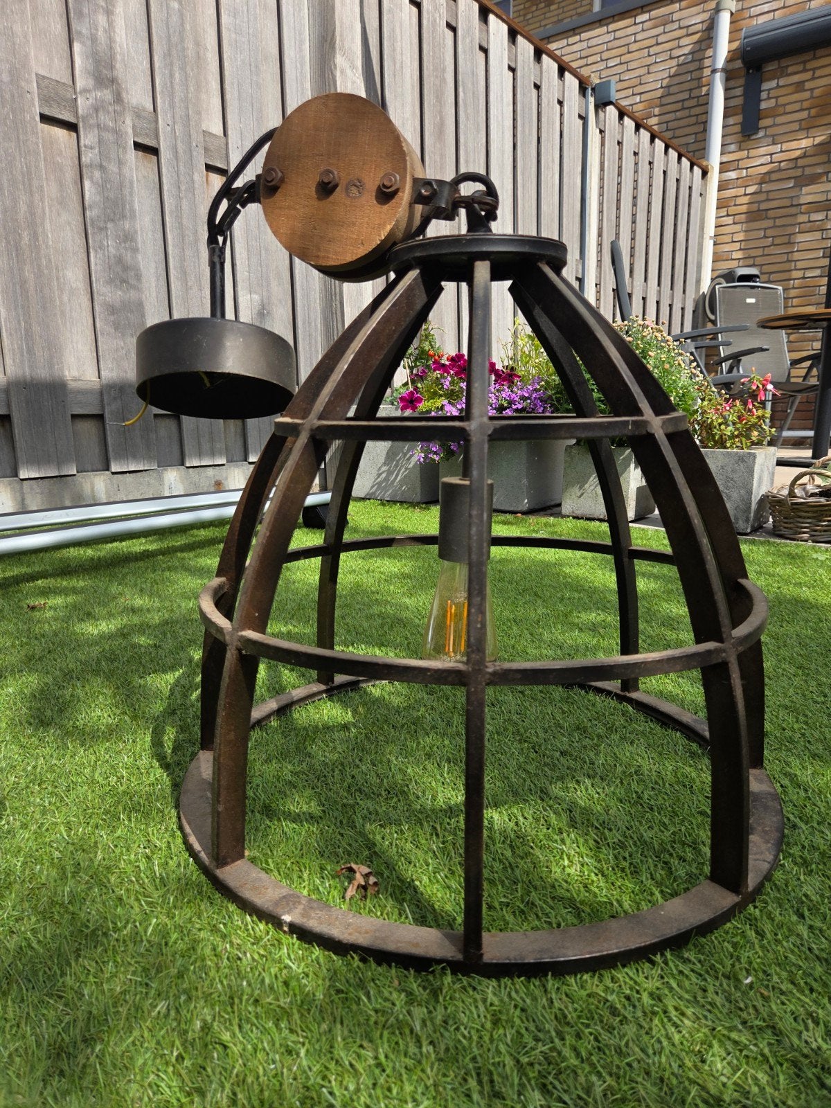Industriële hanglamp met katrol - Metaal en Hout, Ophalen, Gebruikt, Wandlamp, Netvoeding