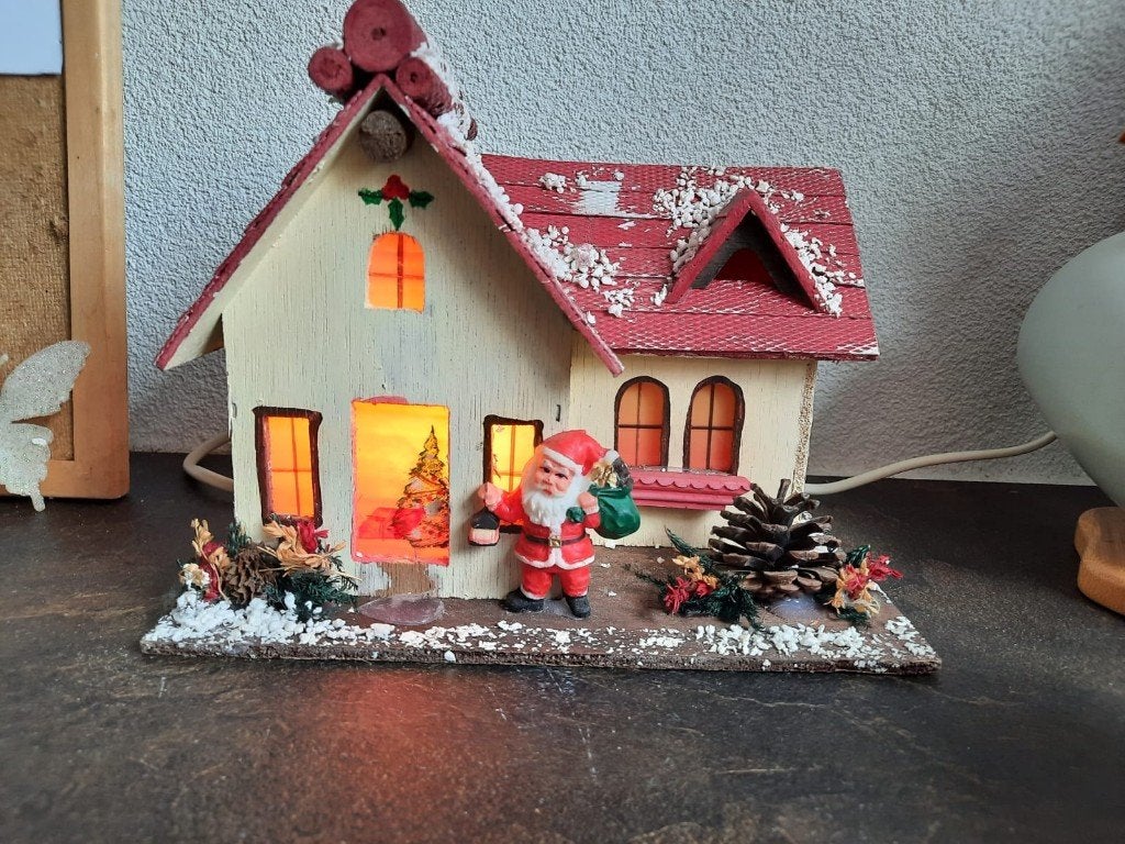 Vintage Houten Kersthuisje, Verlichting & Kerstman Kerstdorp, Ophalen of Verzenden, Gebruikt