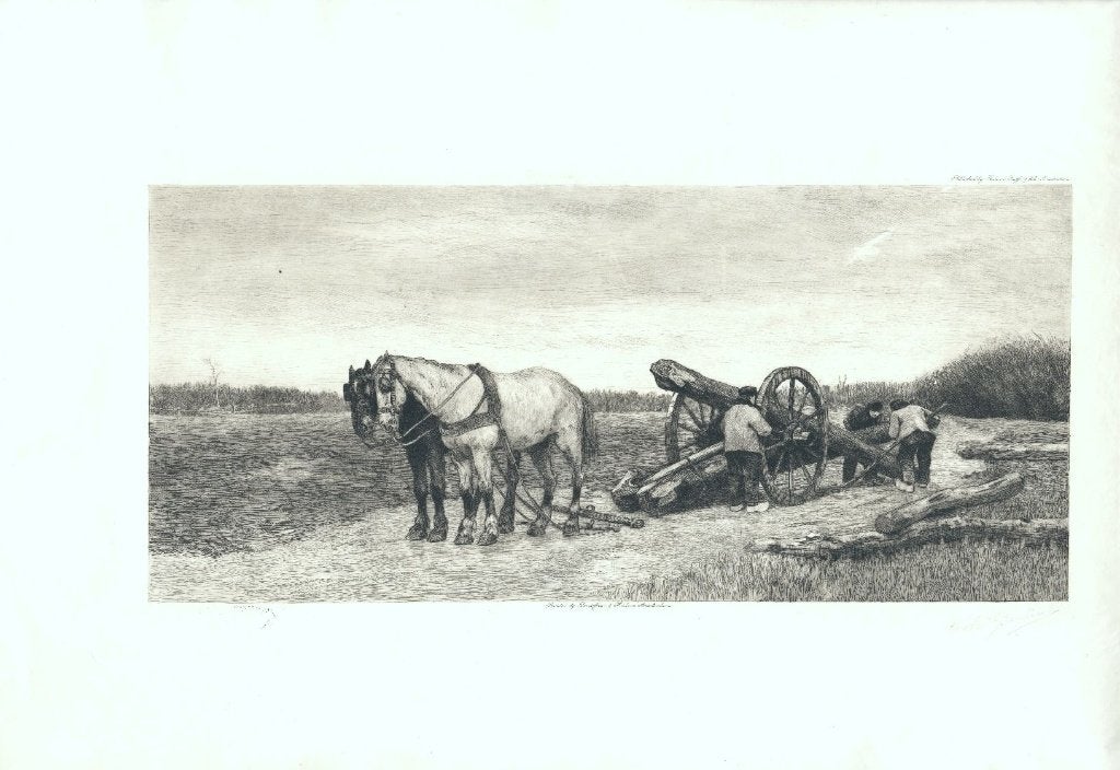 litho paarden met bomen kar Wilm Steelink 1856-1926, Dagelijks leven, Verzenden, Origineel, Lithografie