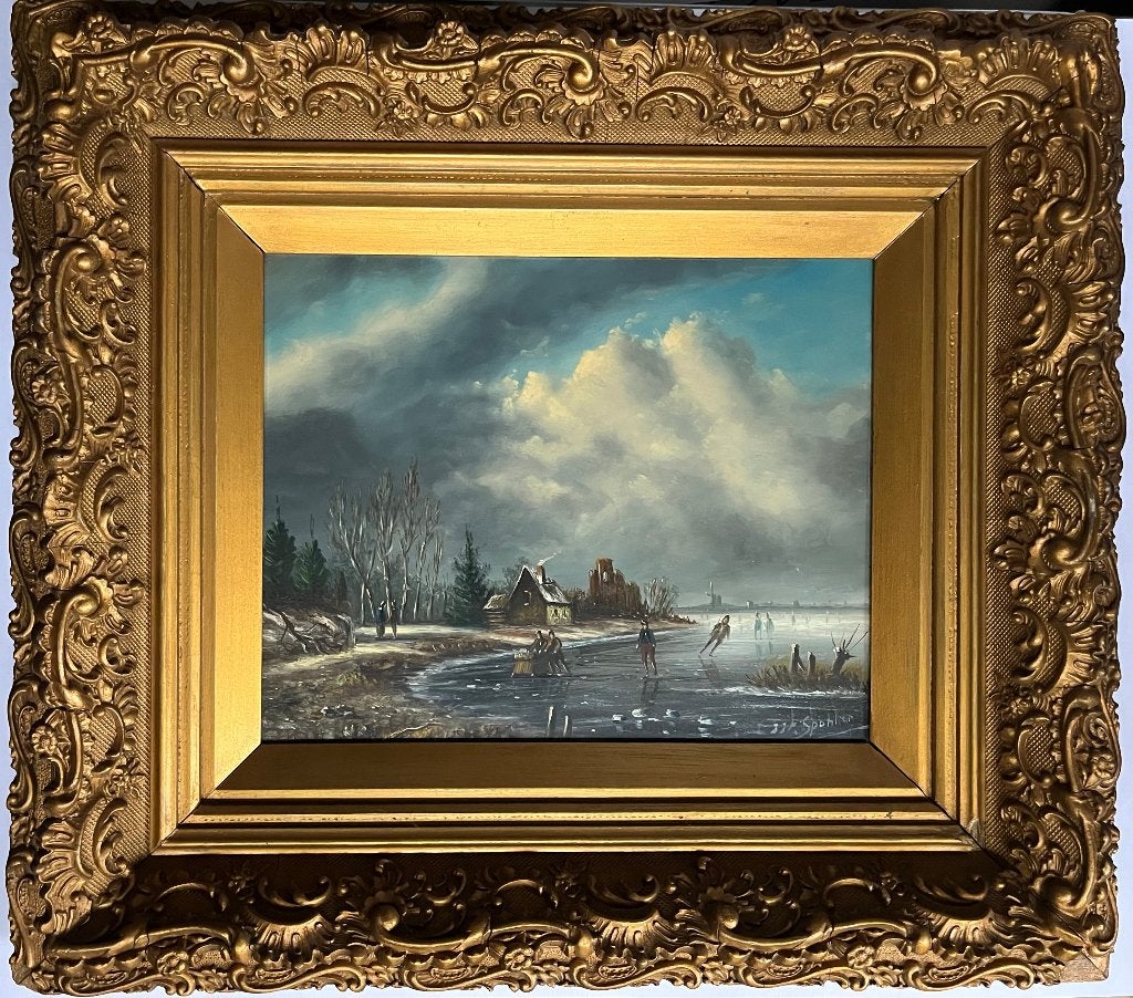IJsvermaak Winterlandschap schilderij olieverf op paneel, Paneel, Ophalen of Verzenden, Landschap, Olieverf
