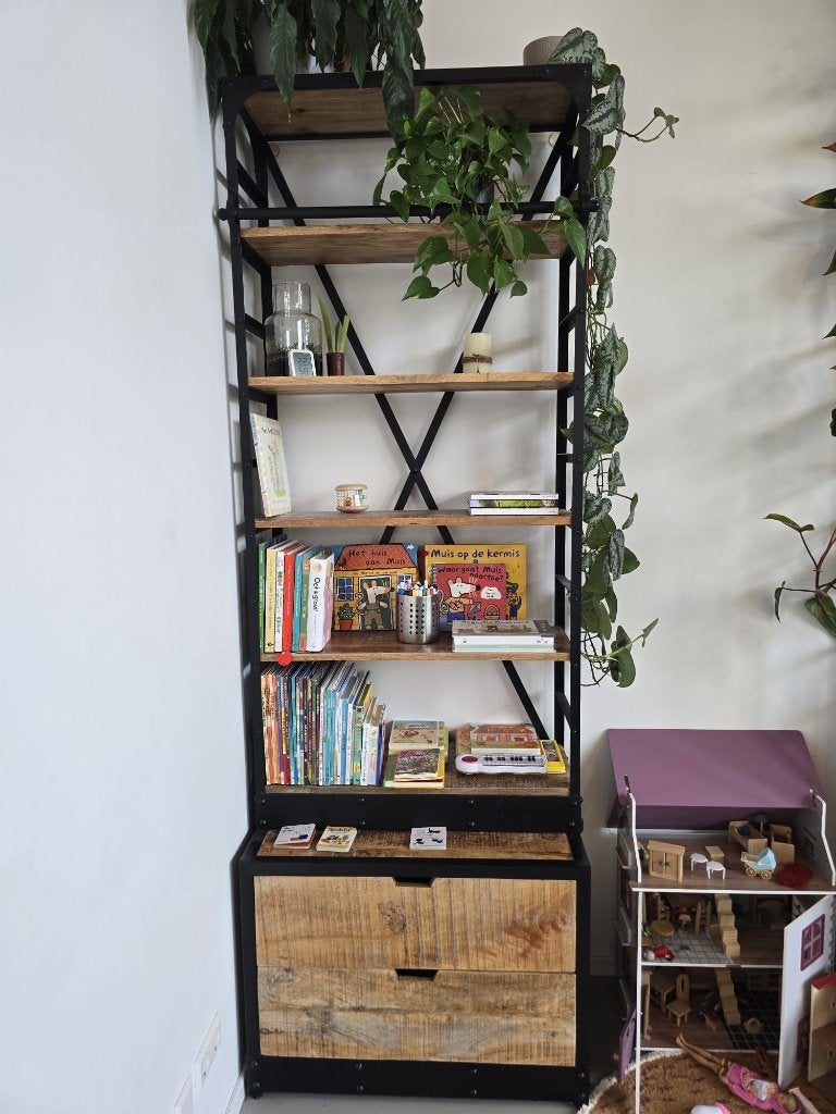 Houten industriële boekenkast met ladder, Ophalen, Met plank(en), 200 cm of meer, 50 tot 100 cm
