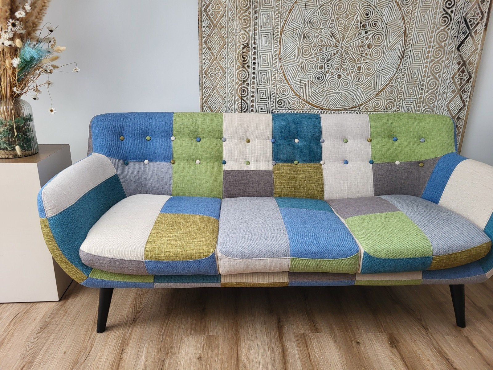Francfranc Navia Patchwork 3-zitsbank - 170x55x80cm, Huis en Inrichting, Banken | Bankstellen, Ophalen, Zo goed als nieuw, 75 tot 100 cm
