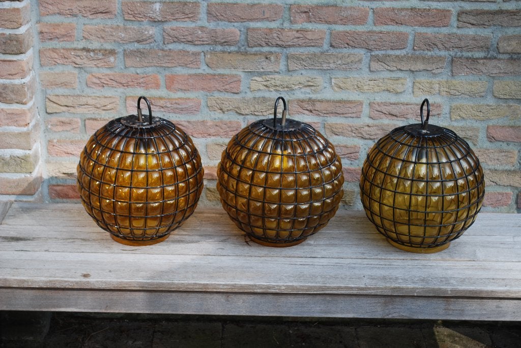 Vintage Philips NPD 134 Hanglamp - Cognac Glas & Metaal, Ophalen, Gebruikt, E27 (groot), Glas