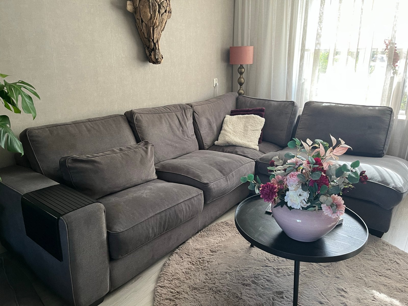 Grote donkerbruine hoekbank met loungegedeelte, Ophalen, 250 tot 300 cm, Gebruikt, Hoekbank