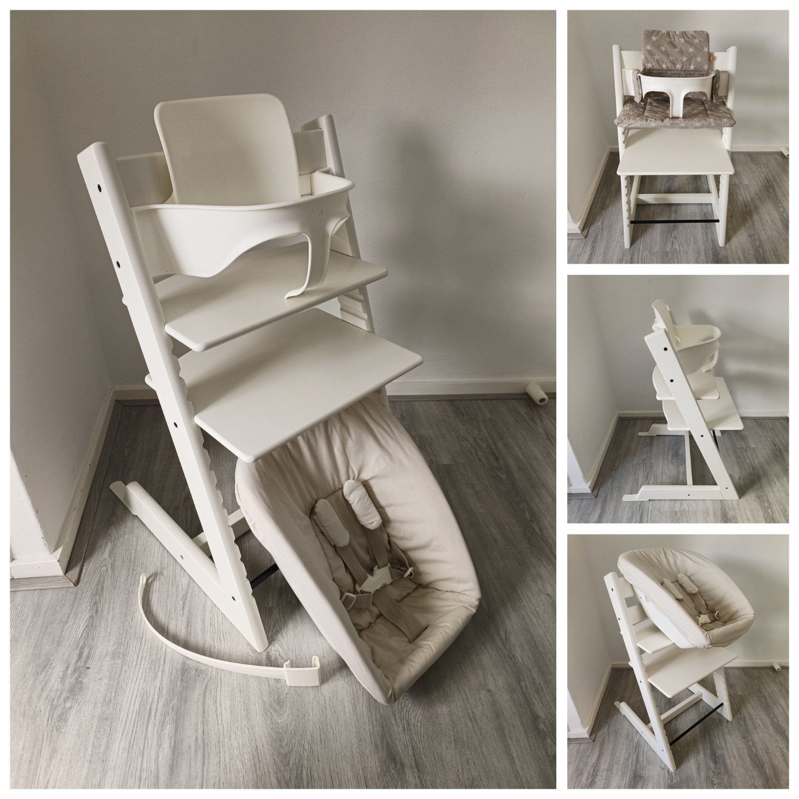ZGAN!Stokke Tripp Trapp wit+babyset,kussen,newborn evt.tray, Meegroeistoel, Ophalen of Verzenden, Zo goed als nieuw, Aanschuifbaar