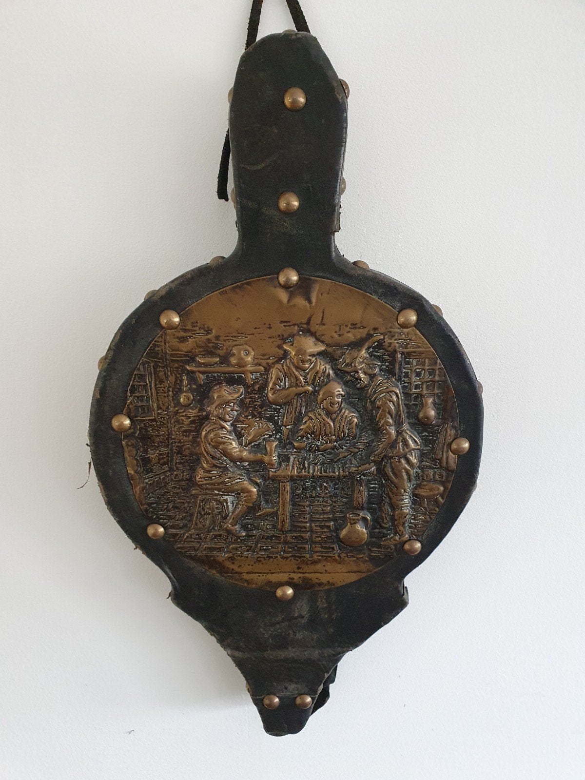 Antieke zware blaasbalg leer met koper, Ophalen of Verzenden