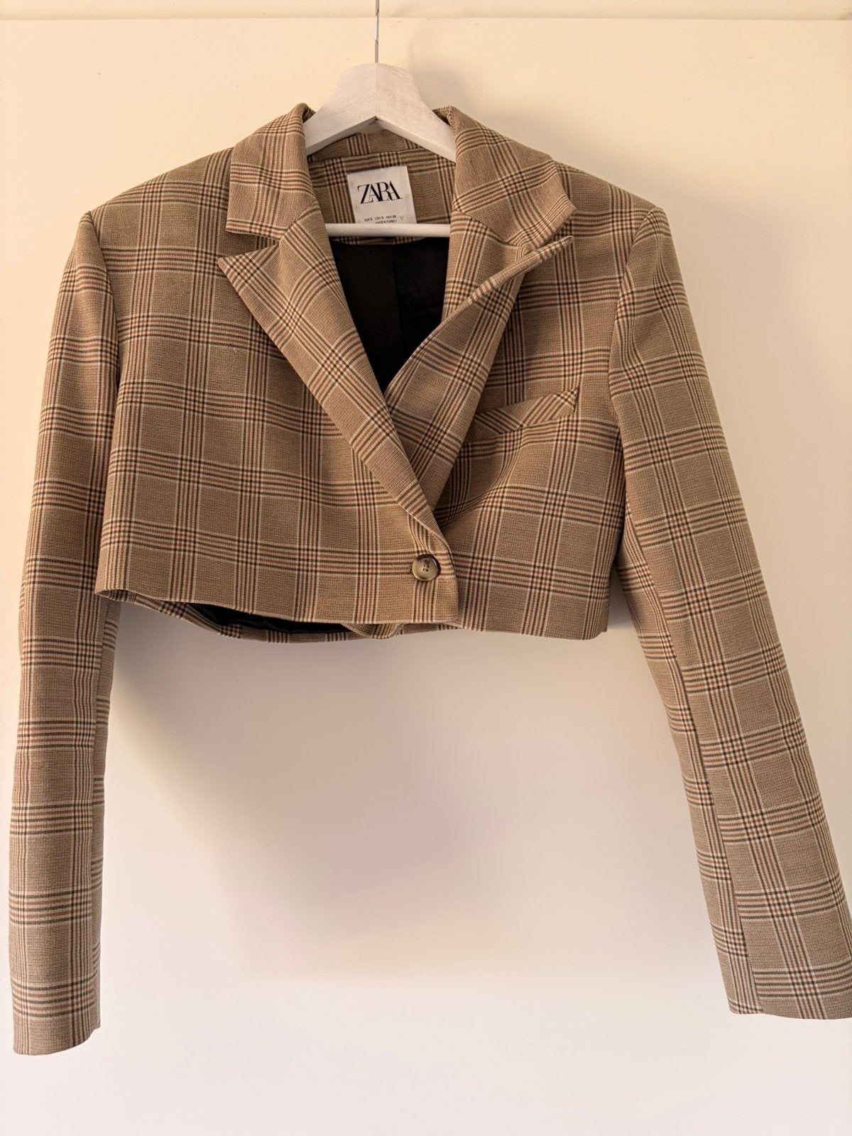 Korte geruite blazer Zara, Kleding | Dames, Ophalen of Verzenden, Zo goed als nieuw, Maat 36 (S), Bruin