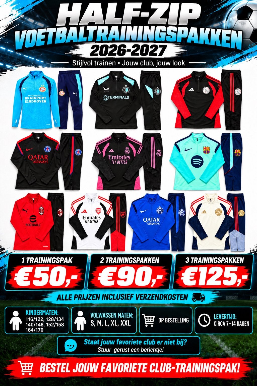 ⚽Voetbal Half-zip trainingspakken €50 INCL.VERZENDKOSTEN!⚽, Maat XS of kleiner, Ophalen of Verzenden, Nieuw, Trainingspak