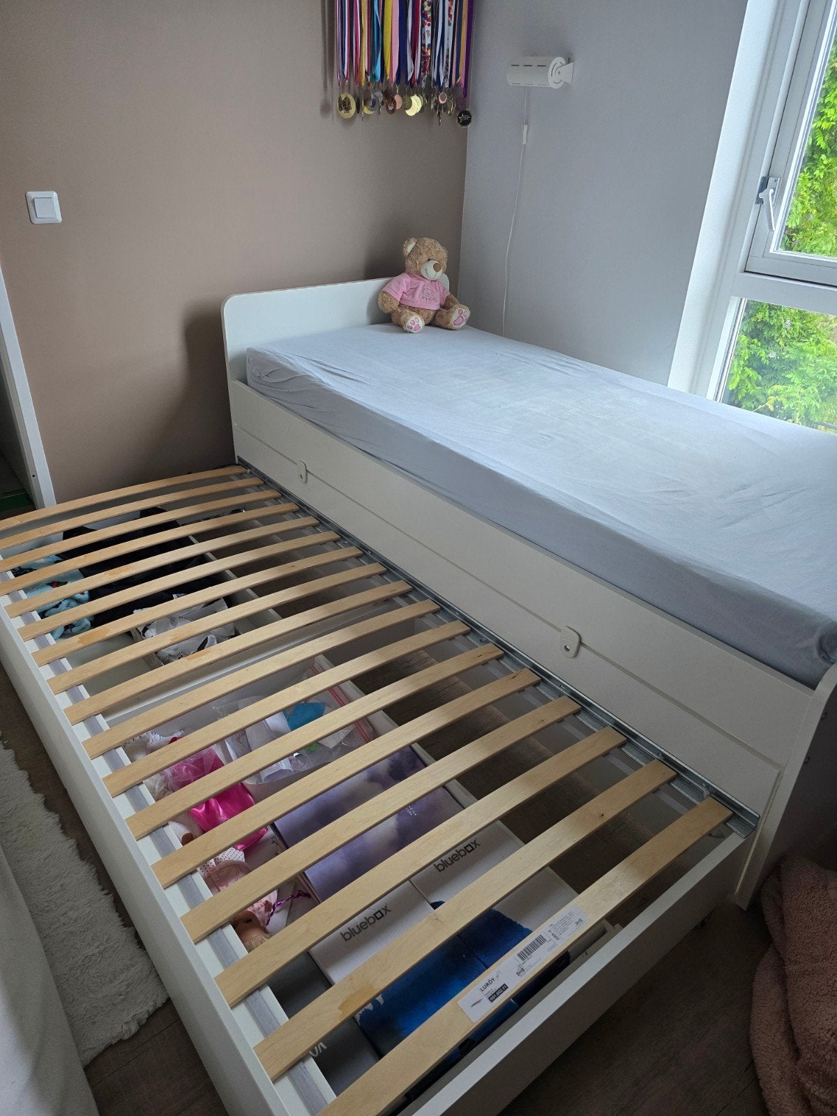 IKEA SLÄKT bedframe met onderbed en opberger, Ophalen, Gebruikt, Wit, Tweepersoons