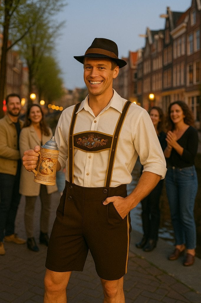Wit Oktoberfest Kostuum met Bruine Lederhosen – - Maat Maat, Niet ingevuld, Niet ingevuld, Niet ingevuld