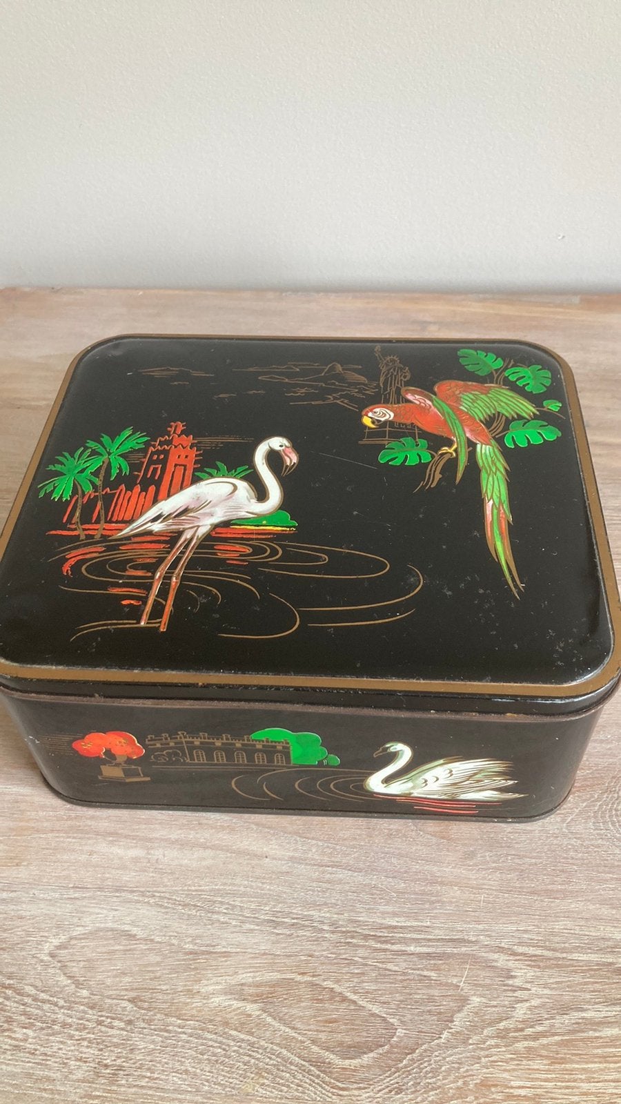 Vintage zwart blik exotische vogels flamingo ara, Ophalen of Verzenden, Gebruikt, Overige