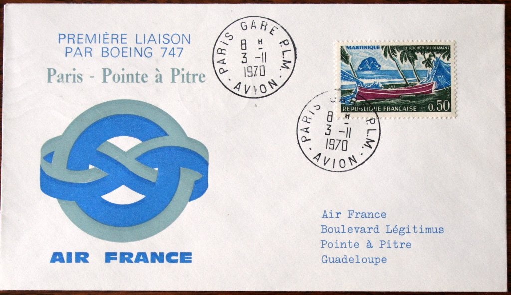 Air France, 1e Liaison met Boeing 747 Paris-Pointe a Pitre, Ophalen of Verzenden, Gebruikt, Kaart, Foto of Prent
