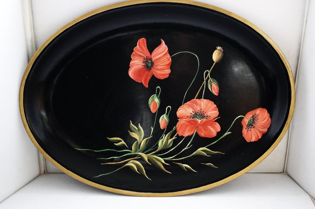Vintage Zhostovo dienblad met Klaprozen, Huis en Inrichting, Ophalen of Verzenden, Decoratieve rand, Metaal, Ovaal