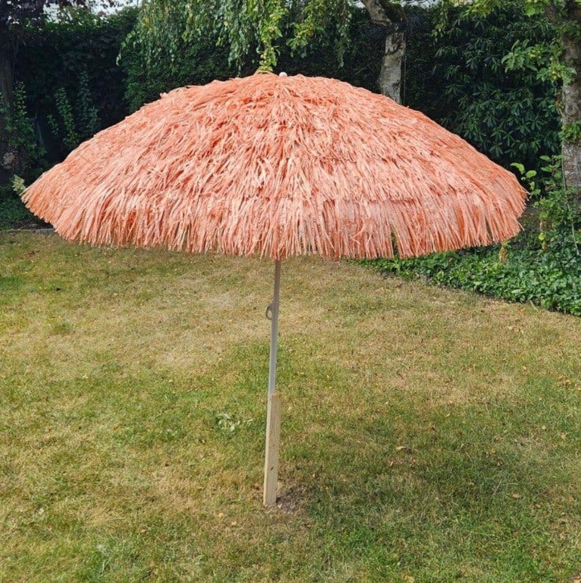 Parasol Hawaï raffia beige strandparasol, Tuin en Terras, Parasols, Kantelbaar, Gebruikt, Ophalen of Verzenden, 1 tot 2 meter