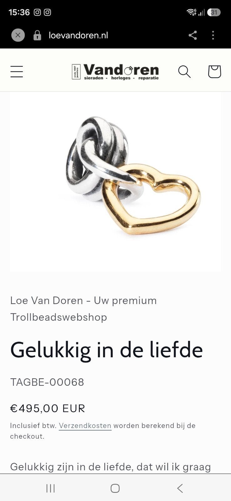 Trollbeads zilveren en goud Gelukkig in de liefde, Sieraden, Tassen en Uiterlijk, Ophalen of Verzenden, Zo goed als nieuw, Goud