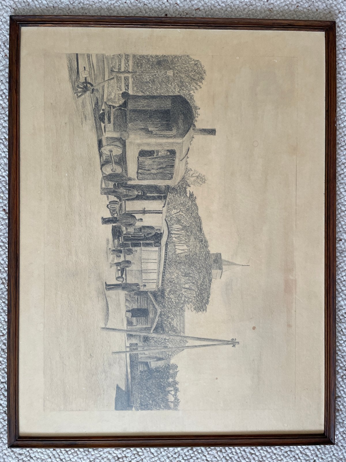 Oud Huizen: Oude tekening van stoomtrein en dorpsgezicht, Ophalen, Tekening, Potloodtekening, Ingelijst