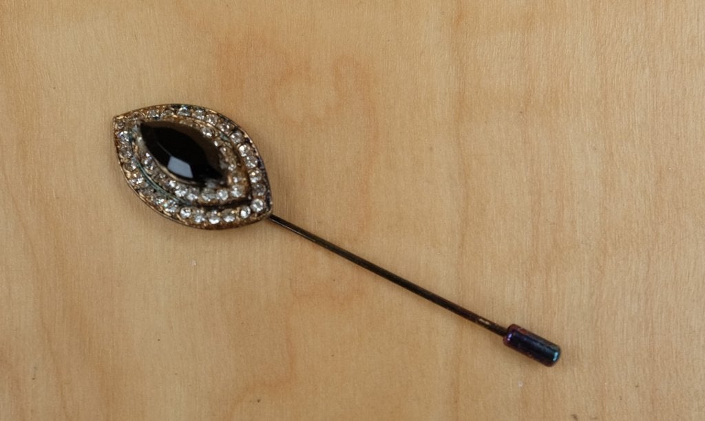 Vintage reversspeld met strass en  zwarte steen, Ophalen, Overige materialen, Gebruikt, Zilver