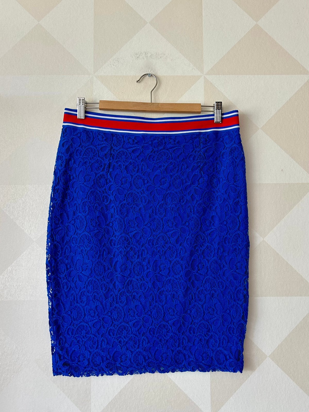 Juffrouw Jansen midi kokerrok kant bloem blauw L/40 zgan, Blauw, Maat 42/44 (L), Ophalen of Verzenden, Zo goed als nieuw