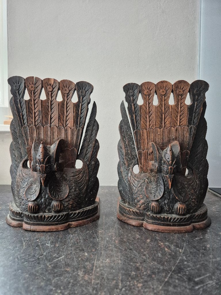 Set van 2 handgesneden houten pauwen beelden, Ophalen, Handgemaakt, 20 - 50 cm, Beeld